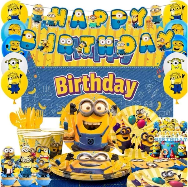 Minions Party Supplies, 98pcs Minions Party Decorations & Tableware Set - Minions Party Plates Napkins Cups and Minions Birthday Banners Balloons Cake