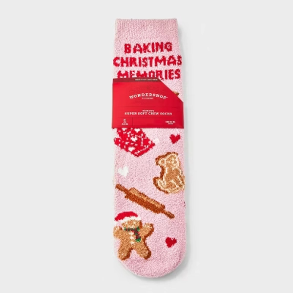 Women's 'Baking Christmas Memories' Cozy Crew Socks with Gift Card Holder - Wondershop™ Pink/Tan 4-10