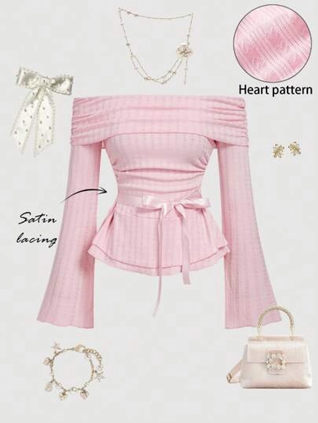 SHEIN MOD Women's Solid Color Ruched Off Shoulder Flare Sleeve Bow Decor Fashion T-Shirt, Pink Top, Christmas, New Year, Thanksgiving, Party Top, Elegant Women's Blouses