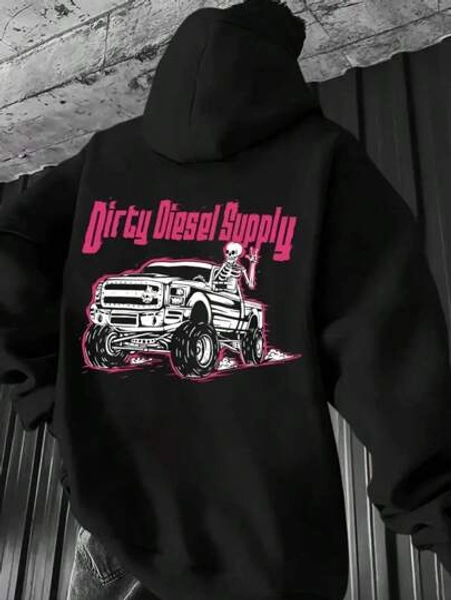 Men'S "Dirty Supply" Graphic Hoodie - Black Casual Long Sleeve Sweatshirt With Monster Truck & Skeleton Design, Comfortable Blend For Fall & Winter, Stylish Hooded Top For Casual Attire, Sweater Hoodie,Halloween Costumes,Fall Clothes,Halloween ,Men Hoodies,Graphic Hoodie,Clothes For Men,Streetwear,Spider Hoodie,Black Hoodie,Thanksgiving Day,Christmas