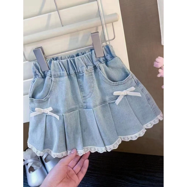 Girls' Denim Short Skirt with Bow & Pleated Lace Hem - Summer Casual -Line Skirt Suitable for Daily Wear, Outdoor Play, Valentine's Day Gift - & Little Skirt