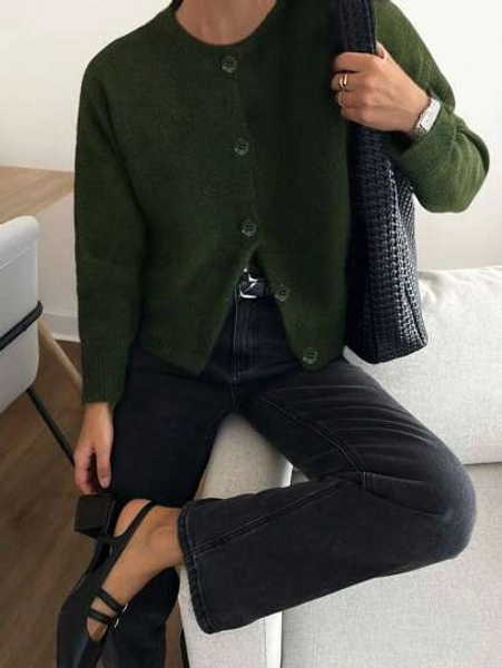 Knit Mix Elegant French Style Loose Knit Cardigan For Women, Christmas Thanksgiving New Year Chic Long Sleeve Round Neck Sweater, Casual Pure Color Outerwear For Fall & Winter