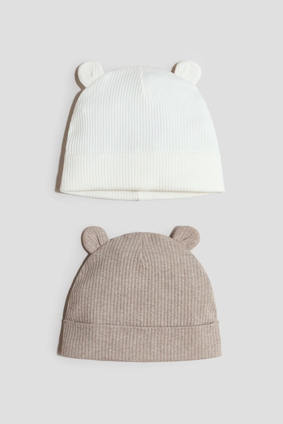 H & M - 2-Pack Ear-Detail Beanies - Beige/Cream