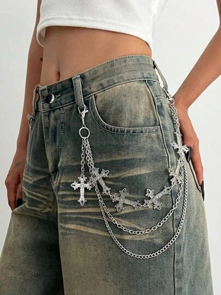 ROMWE Fairycore 1pc Punk Style Cross Chain Waist Belt, Multi-Layer Iron Alloy Chain Body Chain, Women Personalized Charm Pants Chain, For Pants Decoration, Casual, Music Festival, Party Accessory