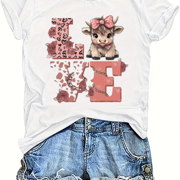 1pc Youngsters' 100% Cotton T-Shirt with Love Calf Print - Pink Leopard & Cow Design, Soft Round Neck Casual Top for Spring Summer Fall, Machine Washable, Youngsters'S Playwear, Leopard Print Shirt, Playful Youngsters Fashion, Comfortable Youngsters'S Clothing