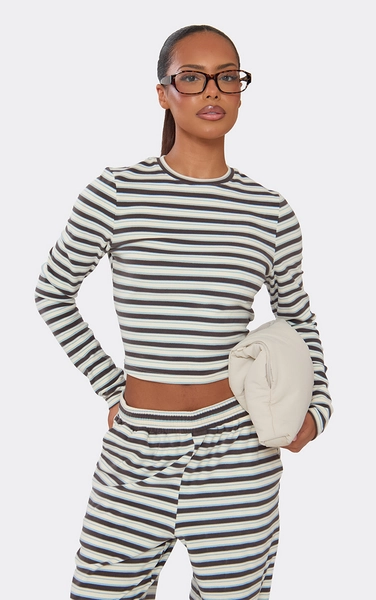 Long Sleeve Top In Brown And Blue Soft Stripe