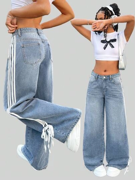 SHEIN Teen Girl Y2K Fashionable Stripe Bowknot Baggy Loose Fit Vintage Casual Denim Straight Leg Jeans With Slanted Pockets, Spring Summer Break