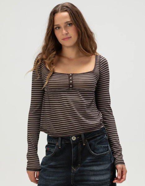 BDG Urban Outfitters Brittney Womens Long Sleeve Babydoll Top - BROWN/WHITE
