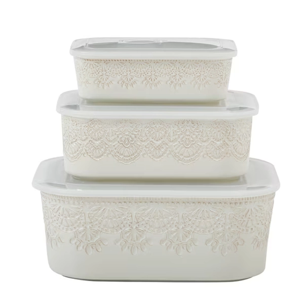 The Pioneer Woman Vintage Lace Ceramic Casserole Dish Set, Nesting Baking Dish with Lid, Linen, 6-Piece Set