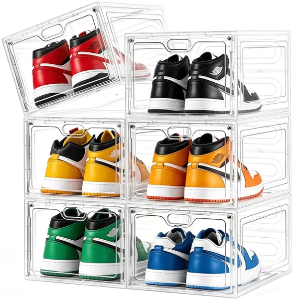 VOZOGO 6 Pack Clear Shoe Storage Organizer Box, Stackable Plastic Shoe Cabinet Box Set with Magnetic Door, Shoe Rack for Sneaker Storage,Shoe Containers 13.4"x 9.8"x 7.1"