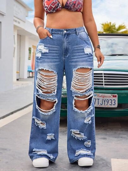 SHEIN EZwear Plus Size Oversize Cowgirl Outfits Solid Color Distressed Casual Denim Jeans, Oversize Wide Loose Leg Mom Pants Suitable For Summer Outfits Fashion Spring&Summer Beach Vacation Holiday Coachella Pants Non-Stretch Western Clothes For Women Boho Women Clothing Tropical Vacation Woman Clothes