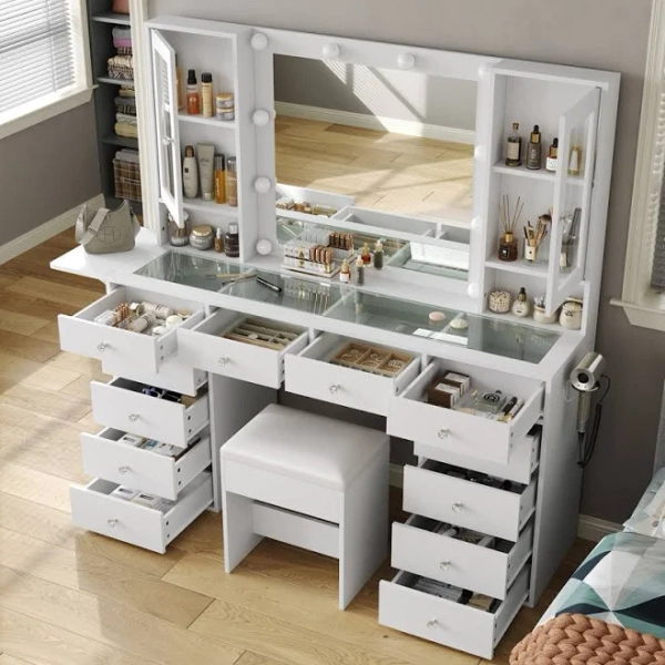 Vanity With Power Outlet, Makeup Desk With Mirror And 10 LED Lights, Vanity Desk With 12 Drawers And 2 Cabinets