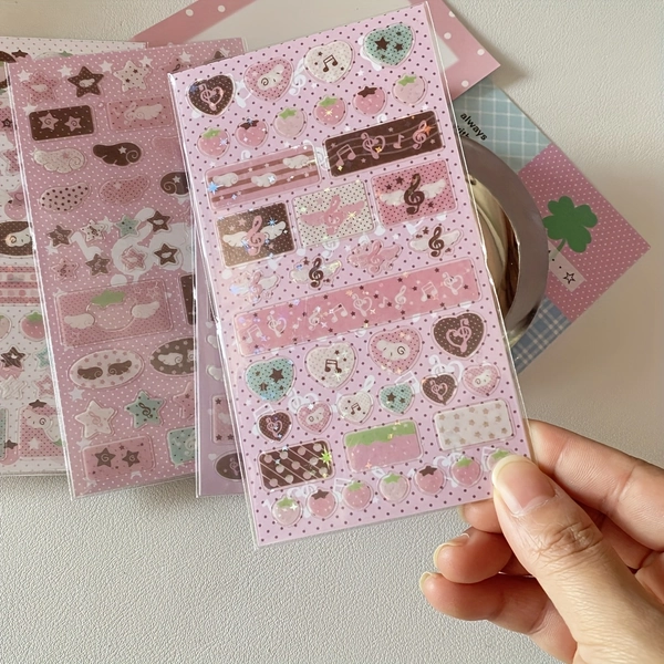 Charming Pink & Brown Musical Notes, Strawberries & Heart Stickers - Glittery Plastic Stickers for Photos, Phone Cases, Storage Boxes & Decorations, Self-Adhesive, Glossy Finish, Reusable, Decorative Stickers | Musical Theme | Glossy Finish