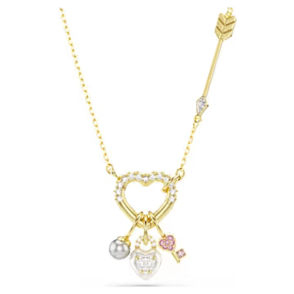 Idyllia pendant, Mixed cuts, Heart, Key, Pink, 18K gold finish