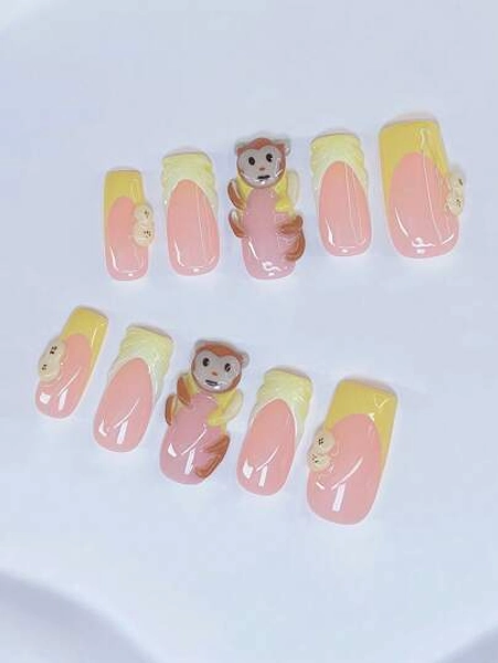 10pcs Y2K Nails Pipe-Shaped Press On Nails Set - Handcrafted, Pink Nails, Yellow French Tip Style, Handmade 3d Monkey And Handmade Banana Slice, Hand Drawn Transparent 3d Pattern Design - Suitable For Women And Girls, Party, Wedding, Daily Wear, Includes Tool Kit. Handmade Fake Nails. Short Nails. Nail Supplie. Monkey Pattern Nails