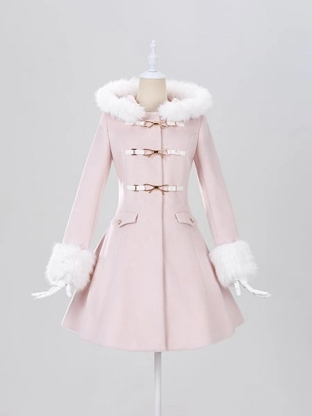 [$89.00]Jirai Kei Detachable White Faux Fur Collar & Cuffs Pink Coat with Gold-Tone Bow Buckles