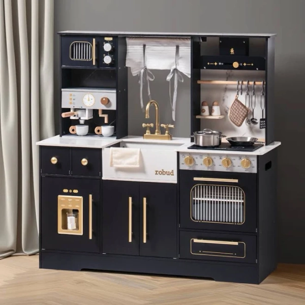Large Wooden Kitchen Playset with Oven, Refrigerator, and Microwave