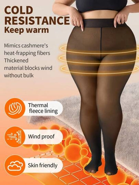 1-Piece Plus Size Women's High-Waist Fleece-Lined Fake Sheer Tight Leggings - Stretchy Non-Tight, Fits Body Curves, Butt-Lifting & Tummy-Control Base Layer, Ideal For Autumn/Winter Layering, Warm & High-Quality