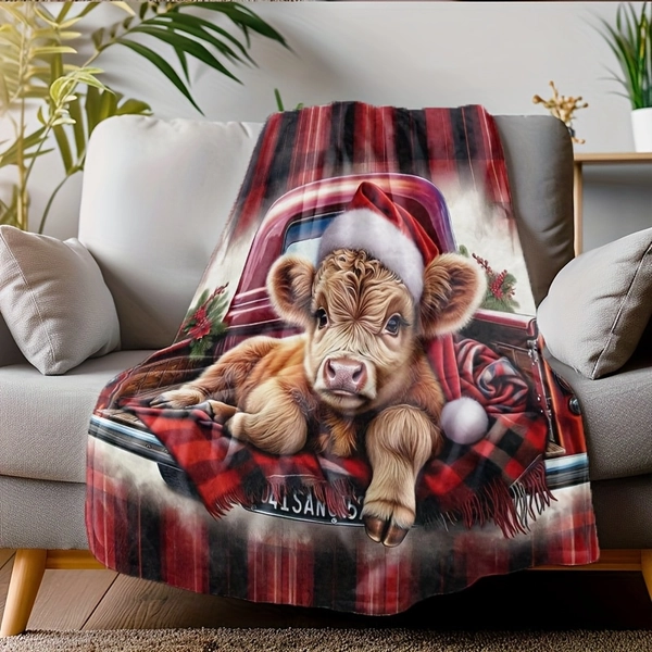 [Reversible | Plaid] Reversible Red & Black Plaid Scottish Cow Christmas Blanket - 1pc Highland Cow Print Flannel-Soft Throw with Santa Hat Calf Design, All-Season Cozy Bedspread for Couch, Bed, Farmhouse Decor - Ideal Gift for Cow Lovers