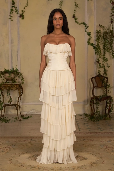Miabel Charming Champagne Strapless Evening Dress Floor Length Tiered Ruffles