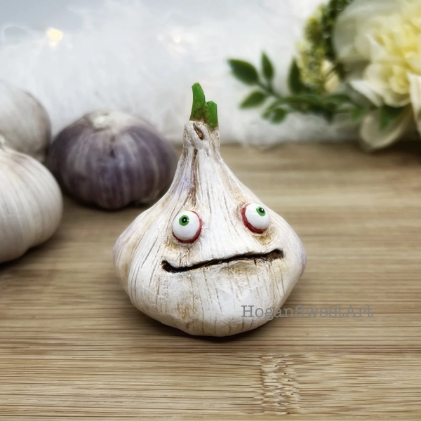 Whimsical Garlic Buddy Figurine: hand sculpted, hand painted original art, desk decor for foodie