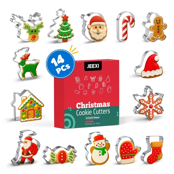JEEXI 14 Pack Christmas Cookie Cutters Set, Holiday Winter Xmas Cookies Cutters, Party Baking Supplies, Stainless Steel Gingerbread Man Tree Snowflake Candy Cane Santa Snowman and More