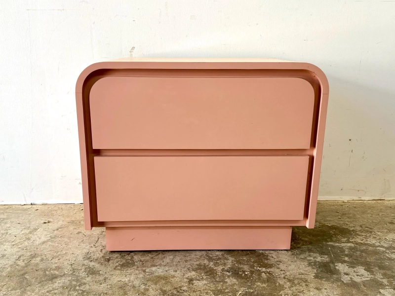 Vintage 1980s Postmodern Pink Lacquer Laminate Waterfall Nightstand With 2 Drawers