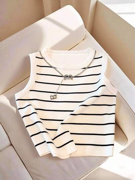 Everyssa Women's Striped Crew Neck Casual Versatile Tank Top - Size L