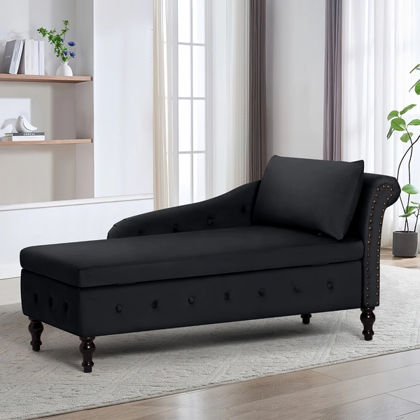ACMEASE Modern Velvet Chaise Lounge Chair with Right Armrest & Lumbar Pillow - Button Tufted Storage Design, Solid Back Support, Hardwood Frame, Easy Assembly, No Power Needed for Bedroom, Living Room, Office - Elegant Indoor Lounge Furniture, Chairs for Living Room, Bedroom Seating, Sophisticated Style, Plush Cushioning, Home Decor, Stylish Seating, Durable Construction, Comfortable Seating, Home Decorators
