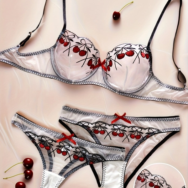 Elegant Embroidered Bra and Panties Set | Medium Support, Half-Sheer, Comfortable and Breathable, Ideal for Romantic Couples and Valentine'S Day