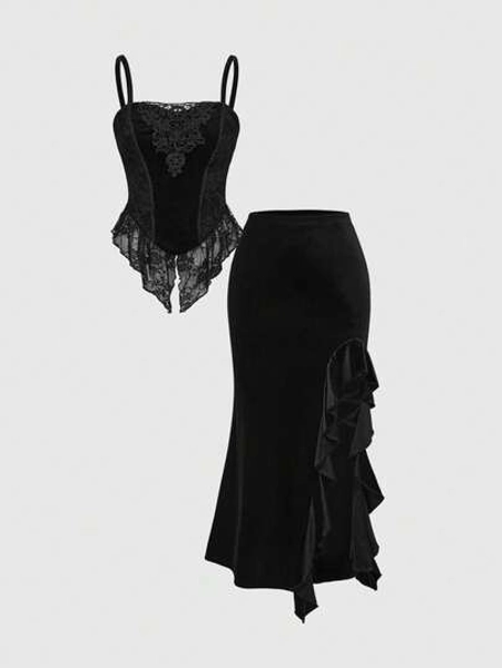 ROMWE Goth Dark Halloween Velvet Contrast Lace Camisole Top Paired With Fish Tail Skirt