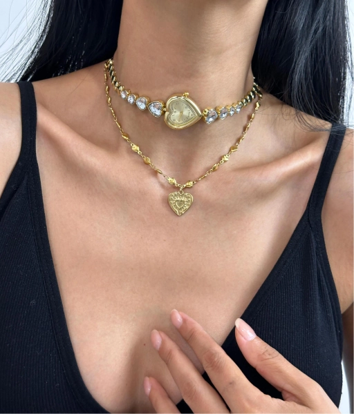 Heart Watch Choker Necklace,Double Layer Rhinestone Clock Choker,Y2K Watch Necklace,Gold or Silver Statement Choker,Cute& Edgy Gift Jewelry