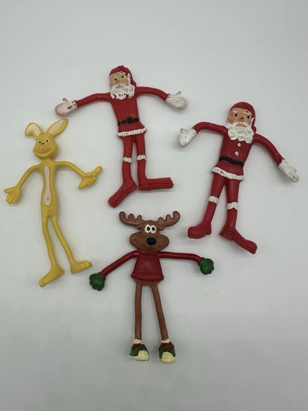 Lot Of 4 Vtg Santa Claus Reindeer Bunny Rubber Bend Bendy Christmas Toy Figure