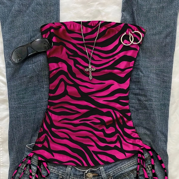 Ladies' Strapless Top with Ruffled Tie And Leopard Print, Sleeveless Zebra Print Top, Pink Zebra Print Top, Animal Print Clothing in Pink And Black, Suitable for Casual Outings, Does Not Come with Matching Decorative Chains, Decorative Rings
