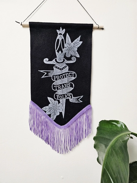 Protect trans folks dagger lino print banner. Trans wall art. Queer wall hanging