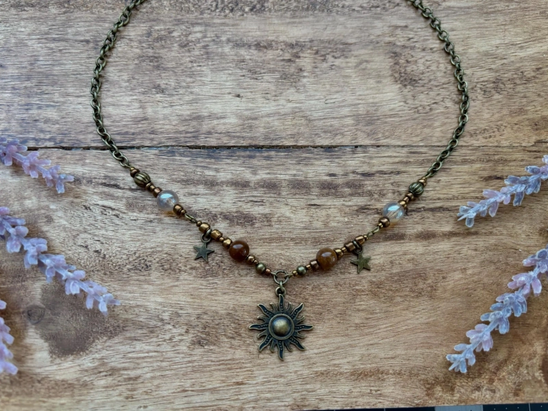 Whimsigoth Sun Auburn Beaded necklace in Bronze | Fairycore | Whimsicle | naturalist |