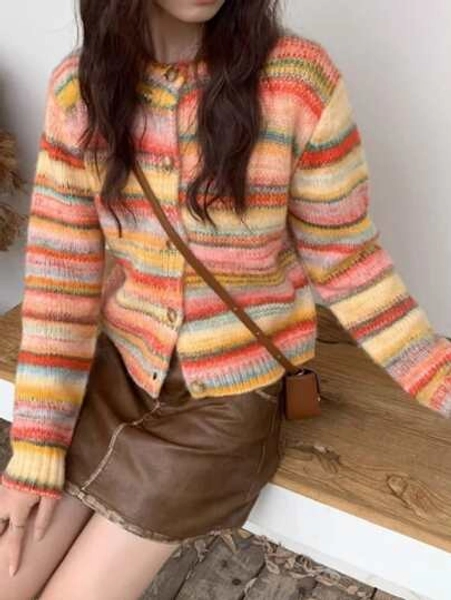 EAVA Women's Fall/Winter Collection Colorful Stripes, French Vintage, Youthful Doping, Lazy-Chic Color Clashes Cute Knit Cardigan Sweater Jacket,Valentine's Day,Valentine Outfits For Women,Valentine Clothes