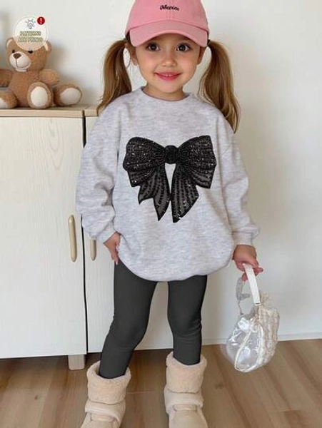 SHEIN Happikins 2pcs Young Girl Casual Sweet Cute Retro Bow Pattern Fleece Sweatshirt And Skinny Pants Set, Suitable For Autumn/Winter