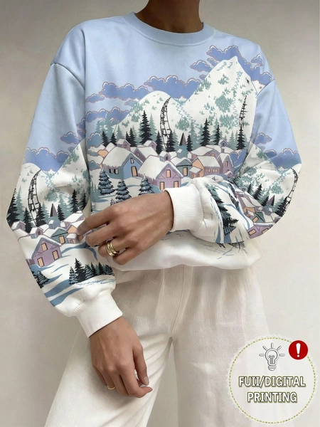 EMERY ROSE Women's Landscape Graphic Casual Commuter Crew Neck Long Sleeve Sweatshirt, Autumn/Winter