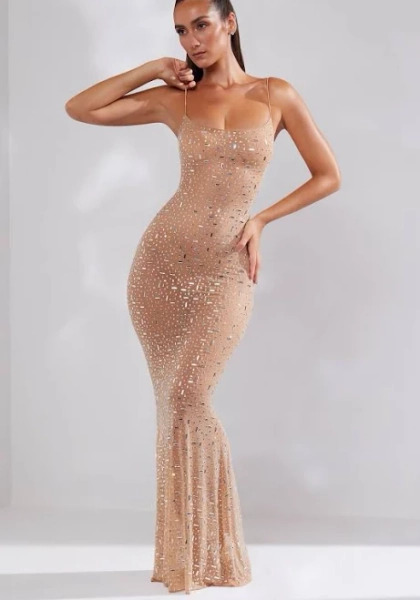 Oh Polly Embellished Scoop Neck Sheer Evening Gown
