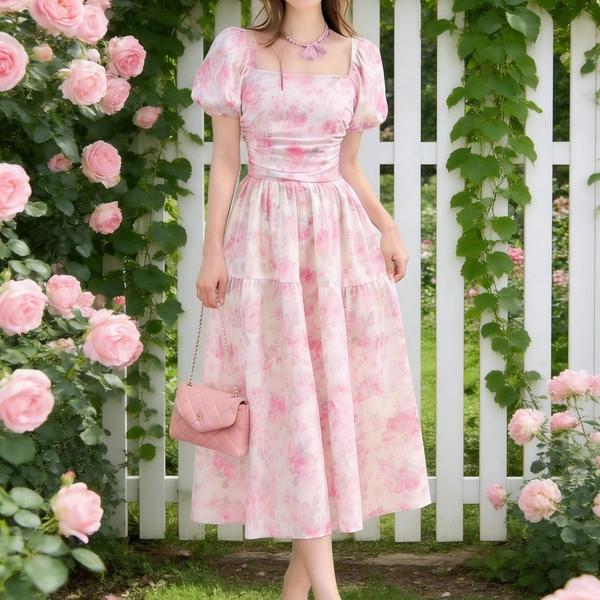 Floral Bubble Sleeve Pleated Waist A-Line Midi Dress, Elegant Vacation Style, Suitable for Valentine's Day Festivals And Other Occasions, Retro, Tea Party Dress, Spring And Summer, Long Dress