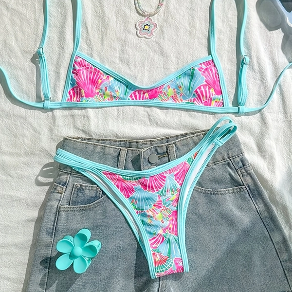 Adjustable Strappy Back Tie-Up, Contrast Trimmed, Leopard/Shell Print Styles, Y2K Sweet Cool Western Hot Pink Leopard Summer Sweet Shell Print Basic Fit New Easy Square Neck Women'S Leopard Swimsuit Set, Suitable for Beach And Vacation