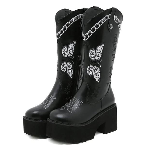 Thick Heel Embroidery Western Mid-Calf Boots