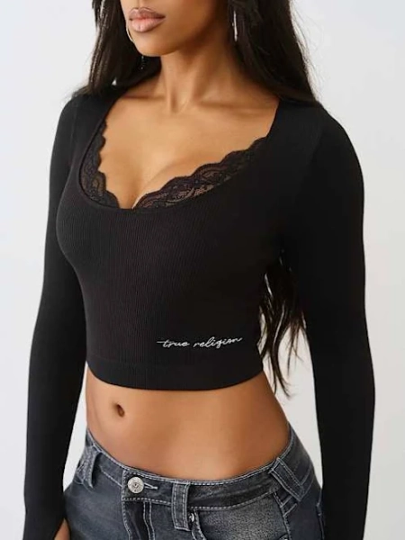 True Religion Women's Seamless Lace Scoop Neck Long Sleeve Top