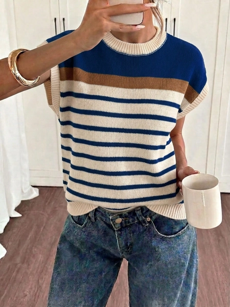 Siren Gaze Casual Minimalist Asymmetrical Navy Blue Striped Sweater For Women, Lightweight, Versatile, Retro Style, Suitable For Spring/Summer