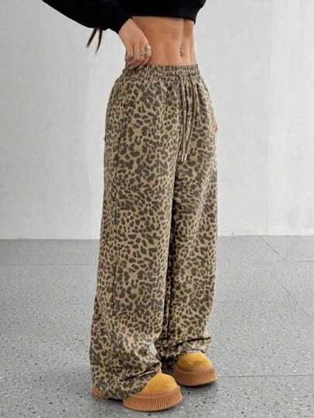 StreetHx Women's Leopard Print Casual Loose Wide Leg Palazzo Pants, Slimming Fall Cloth For Women