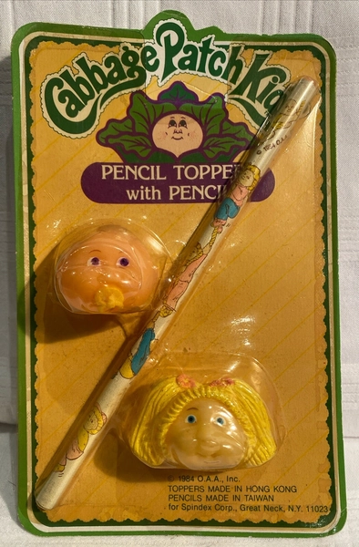 1984 Cabbage Patch Kids PENCIL TOPPERS &amp; PENCIL - boy with pacifier &amp; girl - NIP