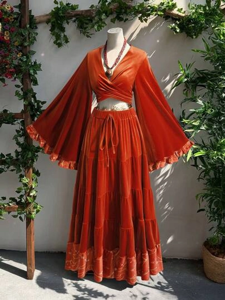 Sweetra Fall Autumn And Winter Bohemian Velvet Print Flare Sleeve Top & A-Line Skirt 2 Piece Set, Plus Size