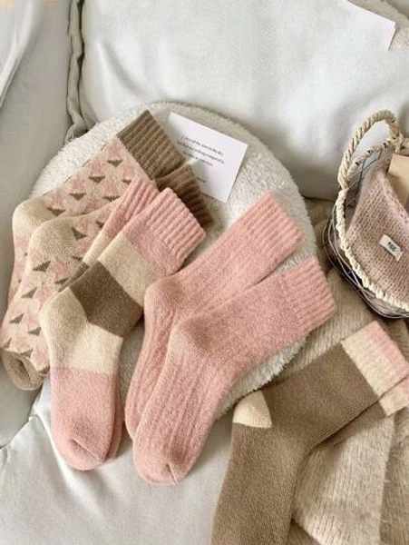 3 Paia Di Calze Spesse E Calde In Lana Casual Per Donna, Calze Alla Caviglia Rosa Graziose E Femminili, Autunno/Inverno