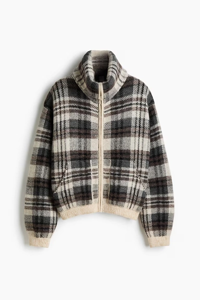 Jacquard-Knit Jacket - Light beige/plaid